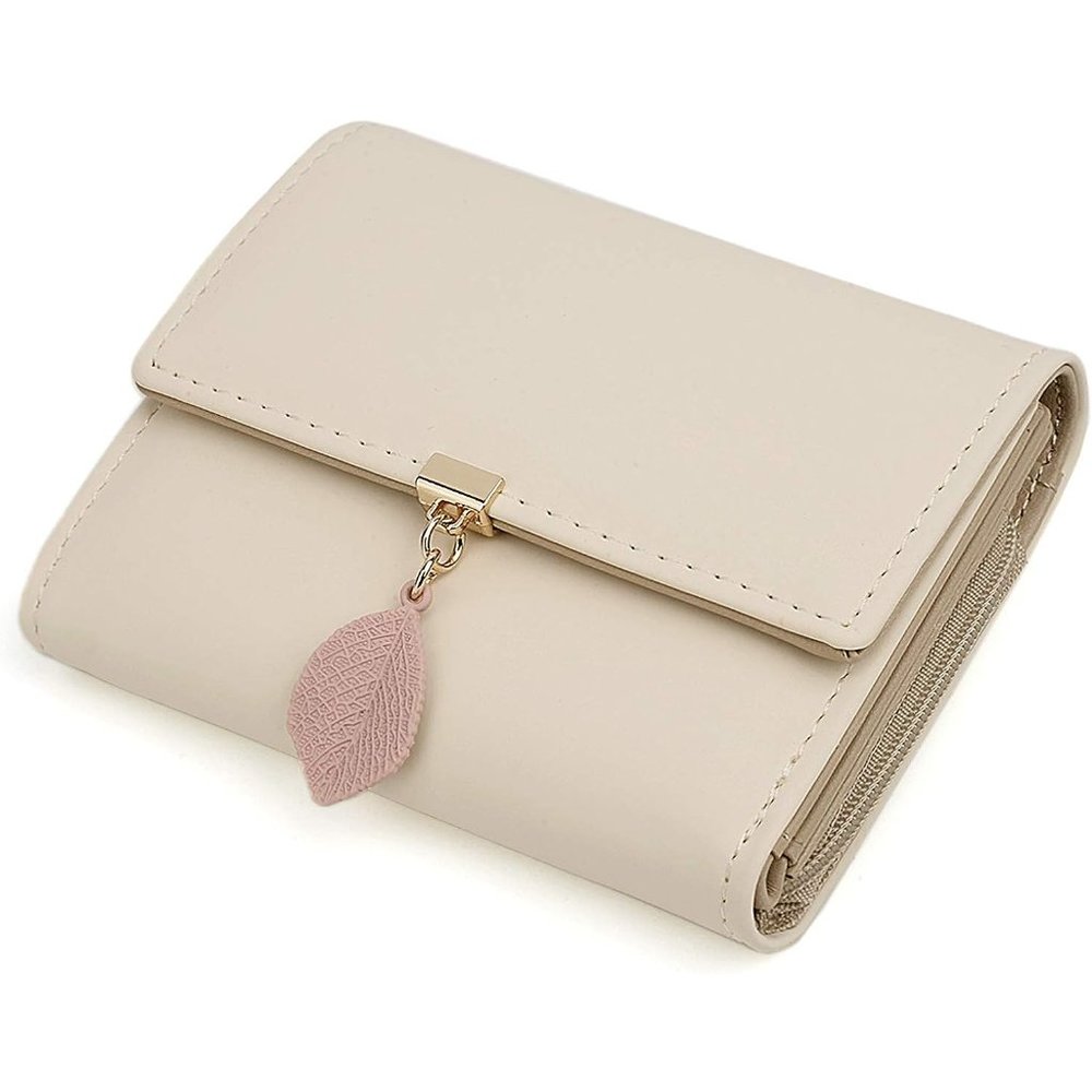 Women Small Beige RFID PU Leather Leaf Pendant Zipper Coin Purse